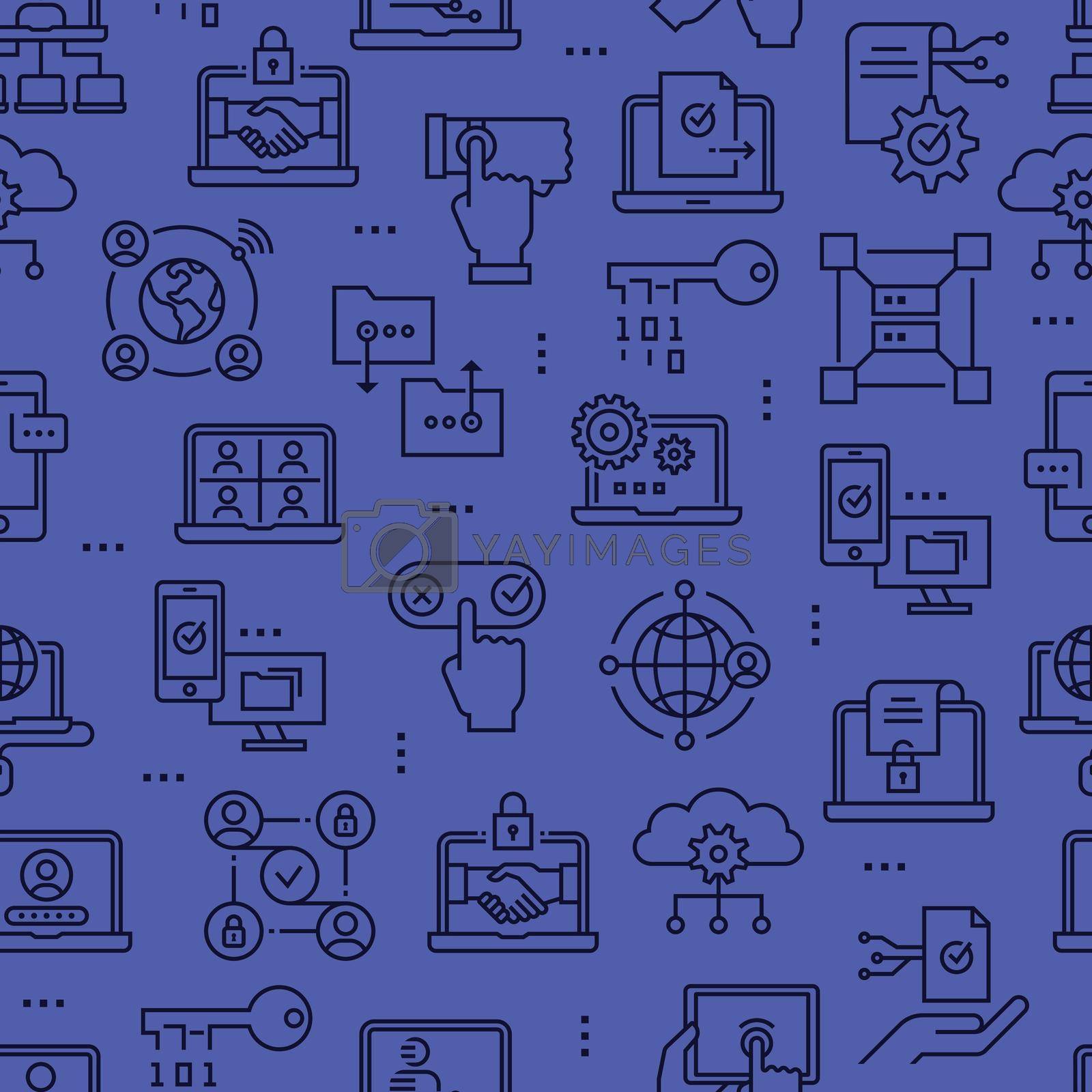Blockchain technology seamless pattern with line icons. Database background, networks, protections, optimizations, devices, security vector illustrations. Technology blue wallpaper.