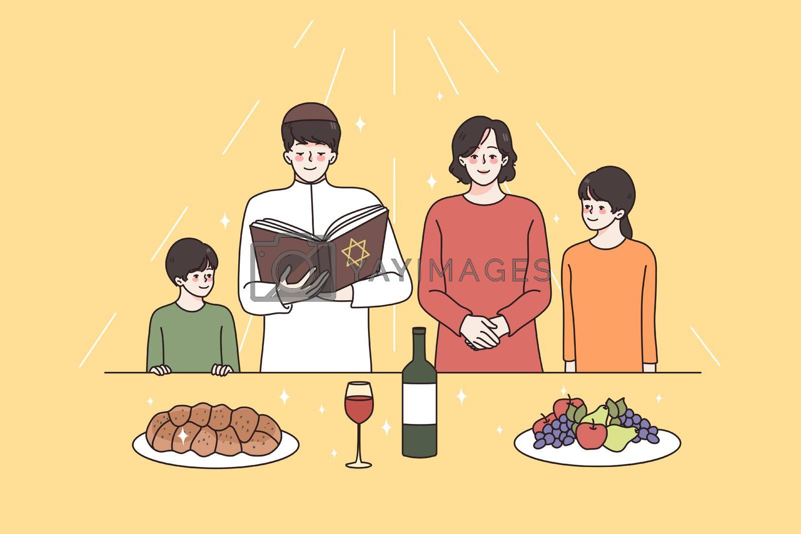 Religious education and spirituality concept. Jew family with children standing with religion book praying all together before meal vector illustration