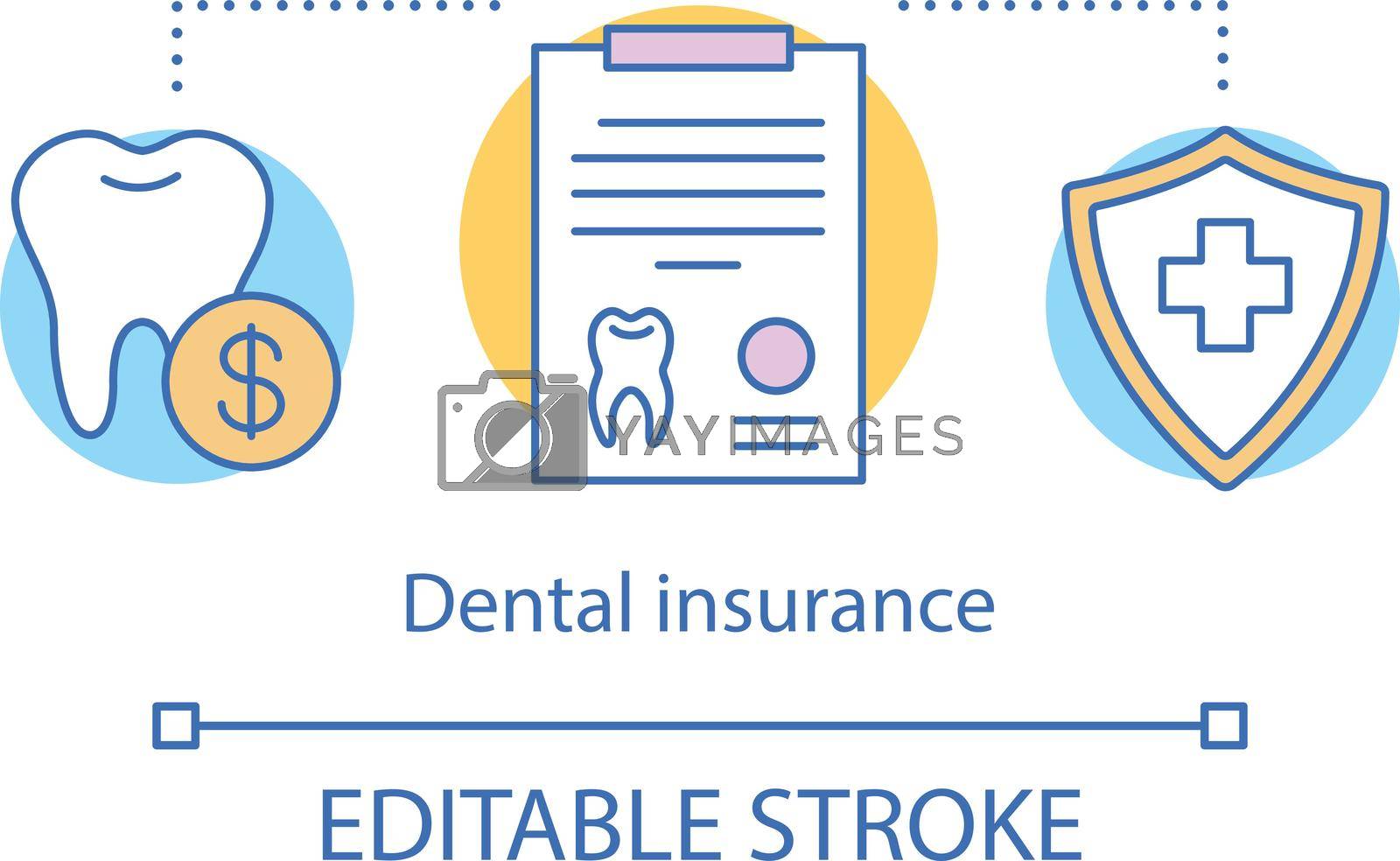 Dental insurance concept icon. Cost savings on treatment. Tooth therapy bill. Guaranteed dental help idea thin line illustration. Vector isolated outline drawing. Editable stroke