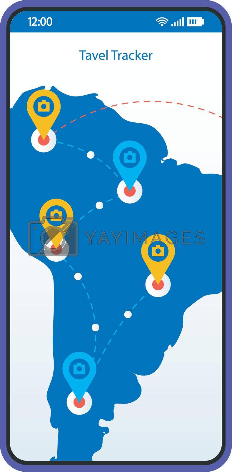 Travel tracker app smartphone interface vector template. Mobile trip planner page design layout. Tourist route, destination search screen. GPS tracking application flat UI. Phone display with map pins