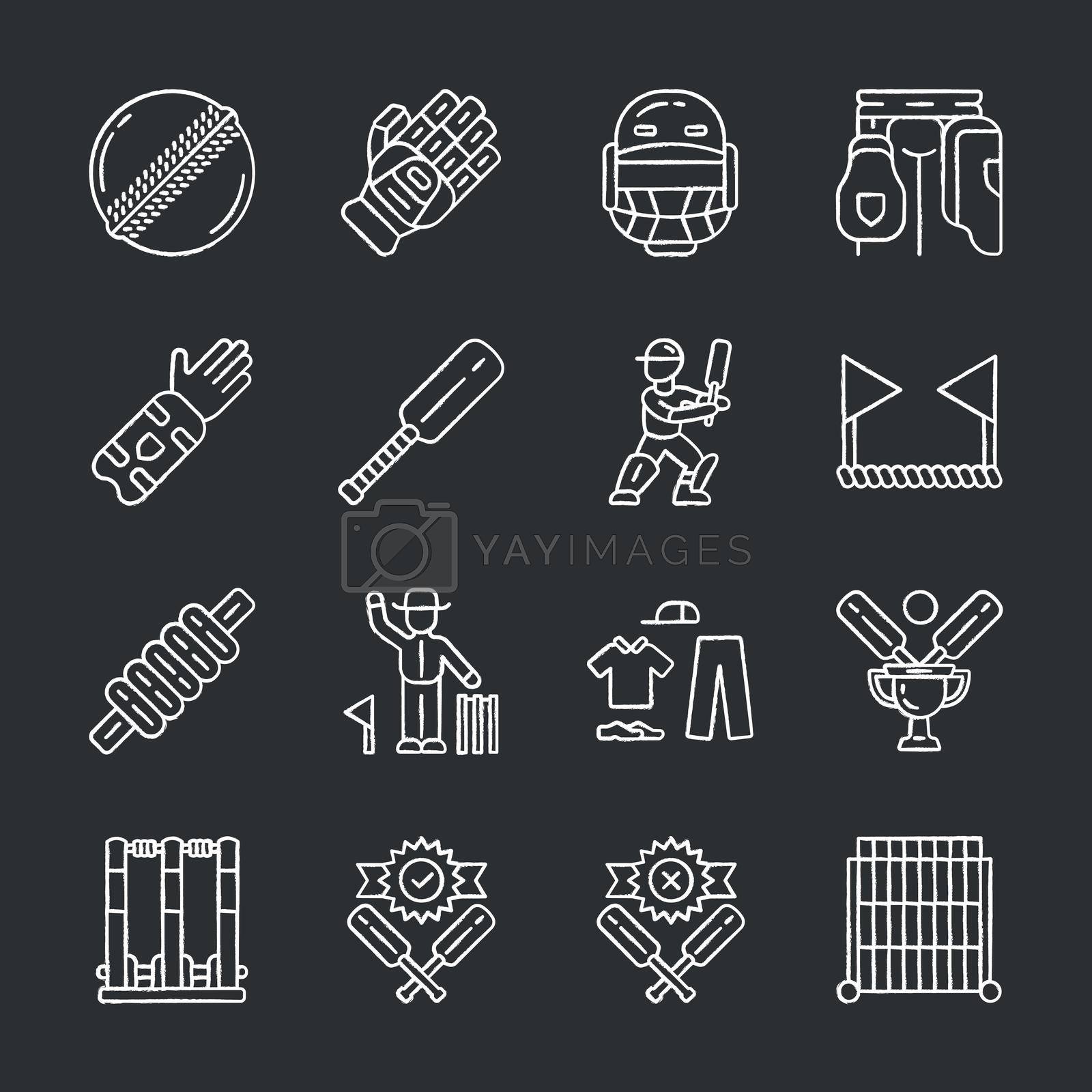 Royalty free image of Cricket championship chalk icons set. Sport uniform, protective gear, game equipment. Outdoor athletic activity. Bat and ball team game. Match preparation. Isolated vector chalkboard illustrations by bsd