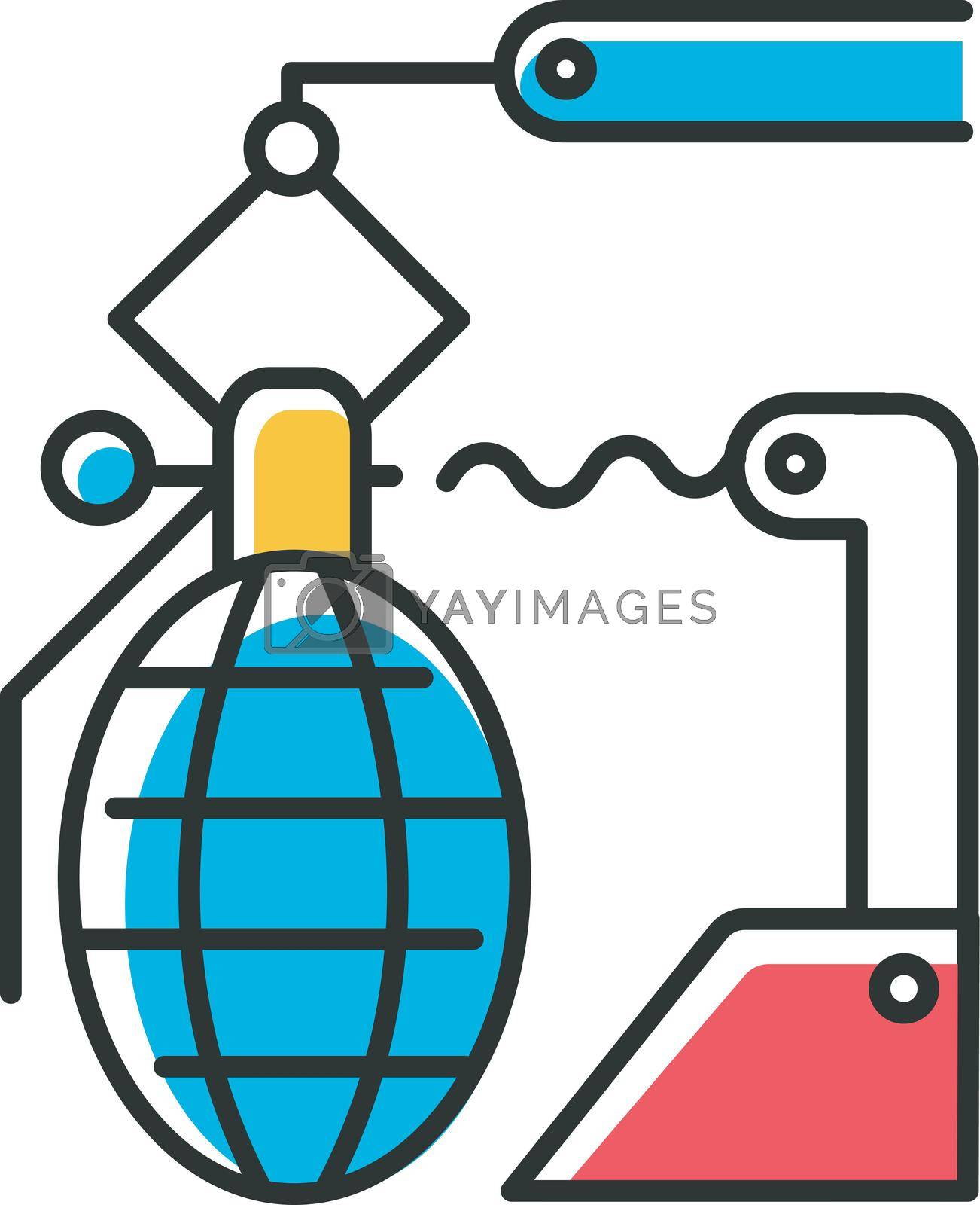 Royalty free image of Arms industry blue color icon. Defense technology. Military sector. Weapon development, production. Preparing for war. Automatic grenades production line. Isolated vector illustration by bsd