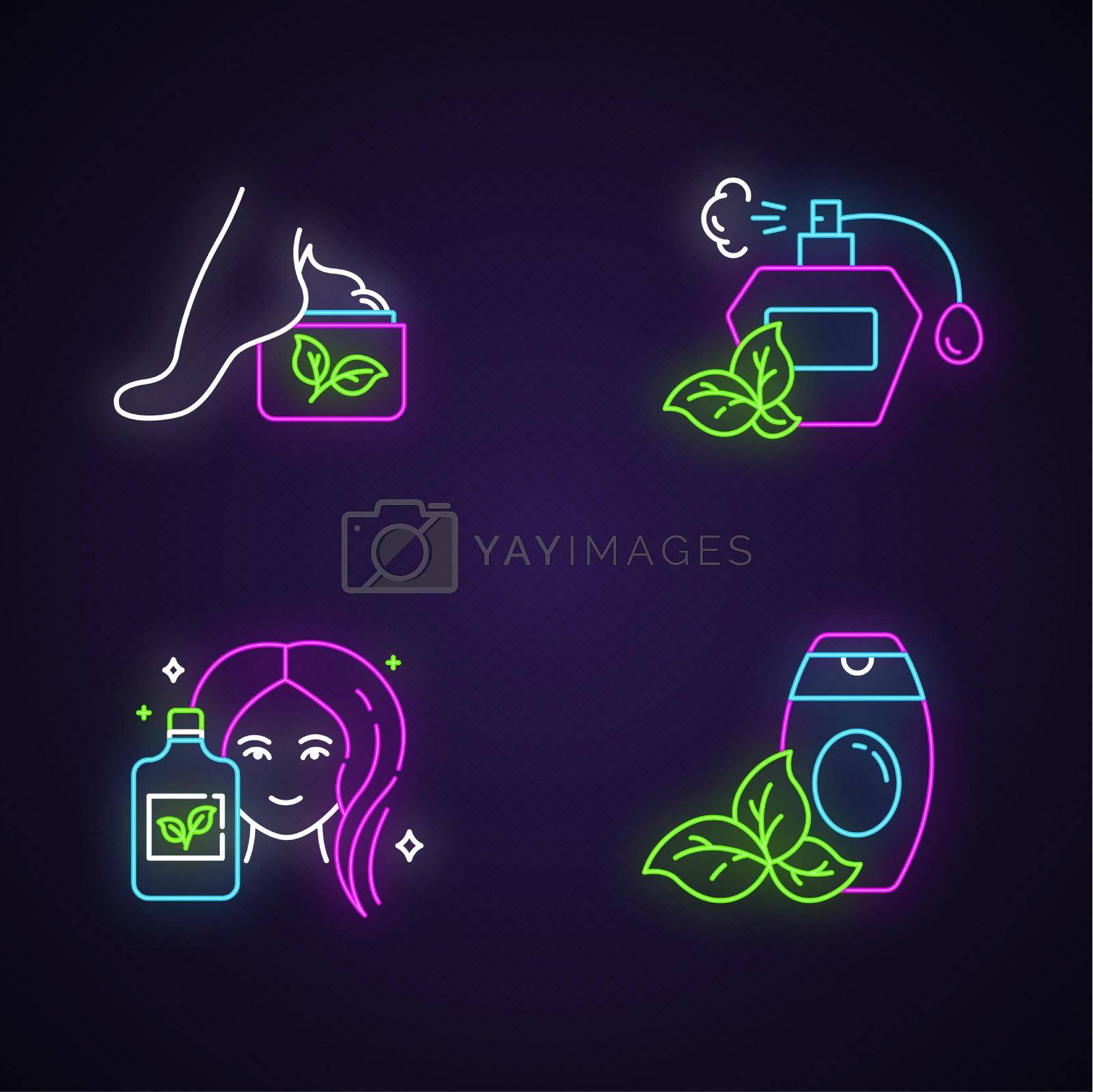 Royalty free image of Organic cosmetics neon light icons set. Foot cream, lotion. Perfume, fragrance. Shower gel, body wash. Natural skincare items. Eco bodycare products. Glowing signs. Vector isolated illustrations by bsd