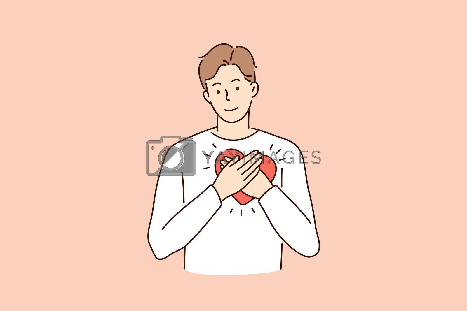 Love tenderness and care concept. Young smiling man cartoon character standing embracing big red heart over heart place vector illustration
