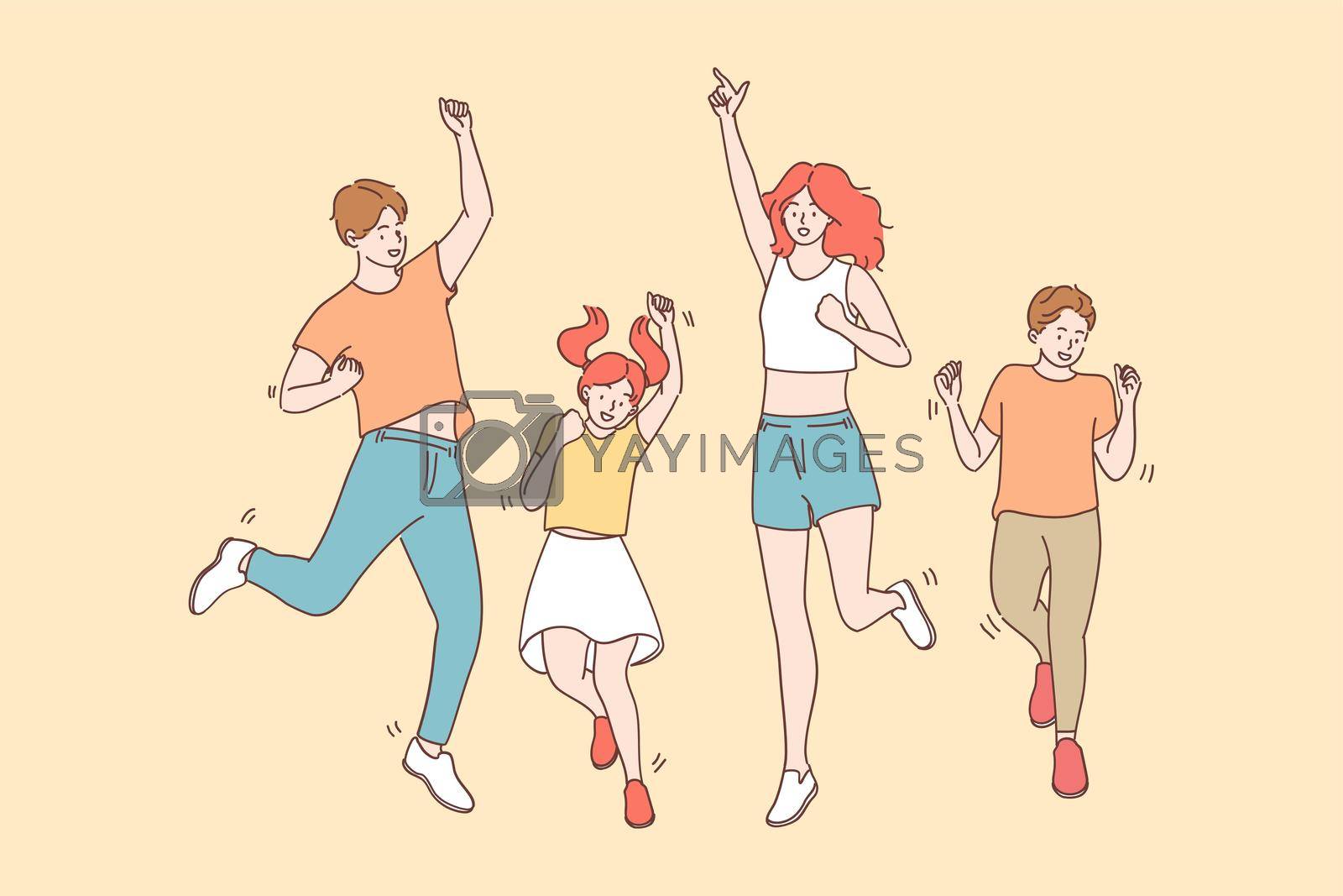 Achievement, joy, celebration concept. Happy cheerful joyful big family with children jumping together celebrating luck and feeling great having fun vector illustration