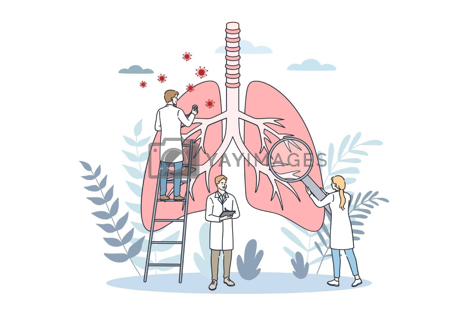 Pulmonology and lungs healthcare concept. Young doctors cartoon characters in white uniform examining lungs and respiratory system for Internal organ inspection check for illness, disease or problems