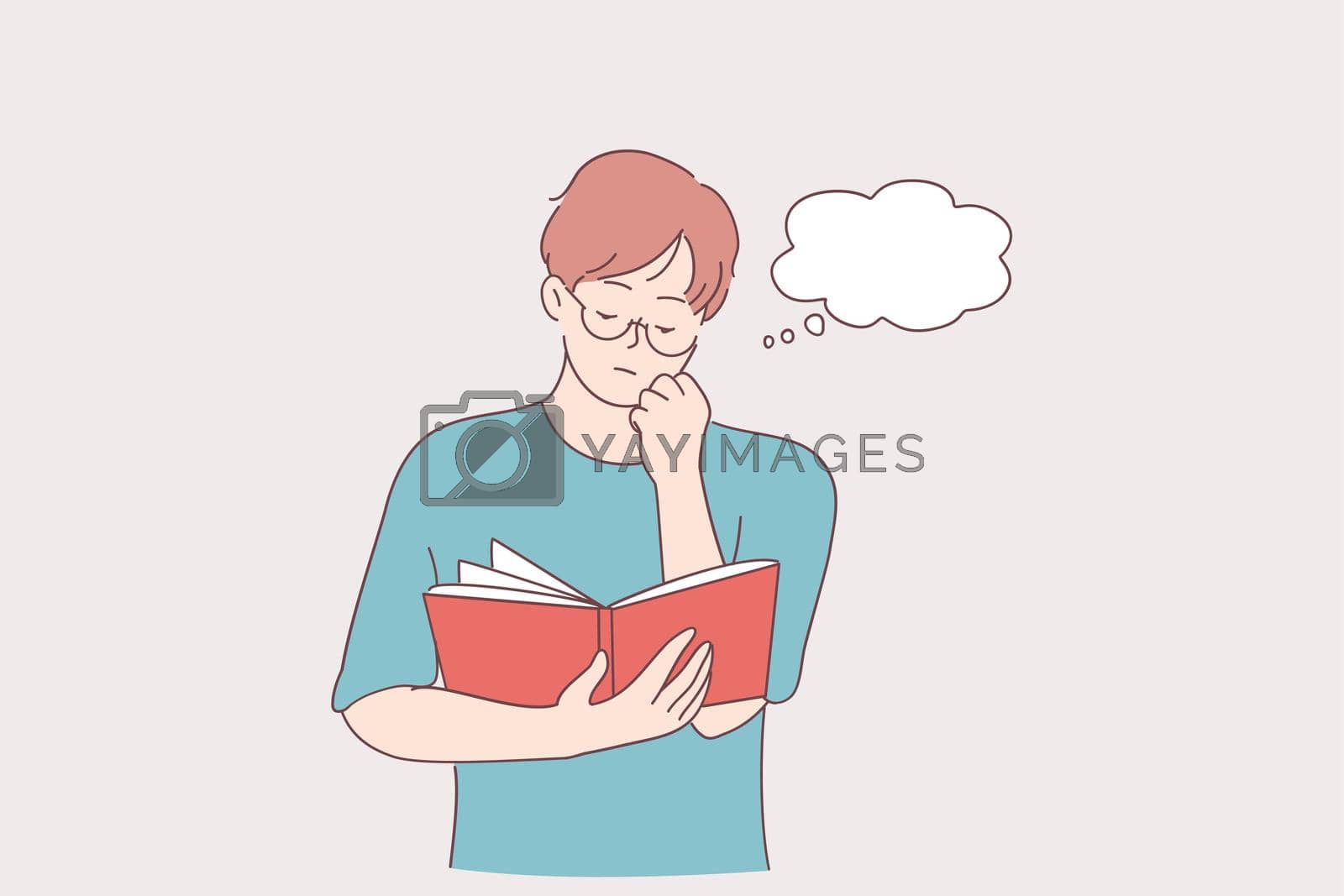 Reading, concentration, hobby concept. Portrait of young serous man cartoon character standing with book in hands and reading with many thoughts in head touching chin vector illustration