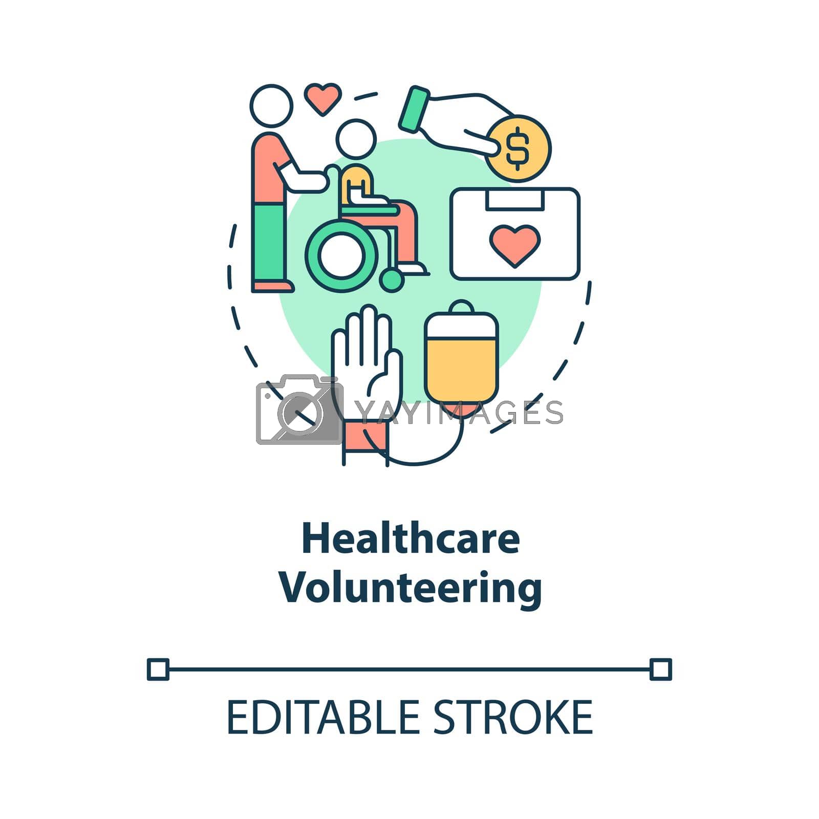 Healthcare volunteering concept icon. Humanitarian aid for clinic. Blood donation for hospital abstract idea thin line illustration. Vector isolated outline color drawing. Editable stroke