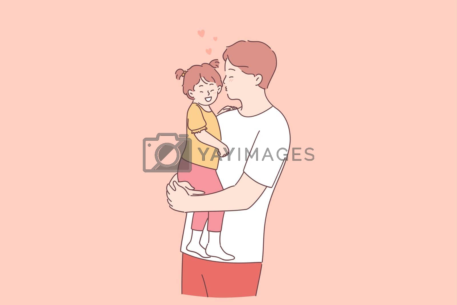 Happy father and daughter concept. Young positive father cartoon character holding little daughter on hands and kissing her with love and tender vector illustration