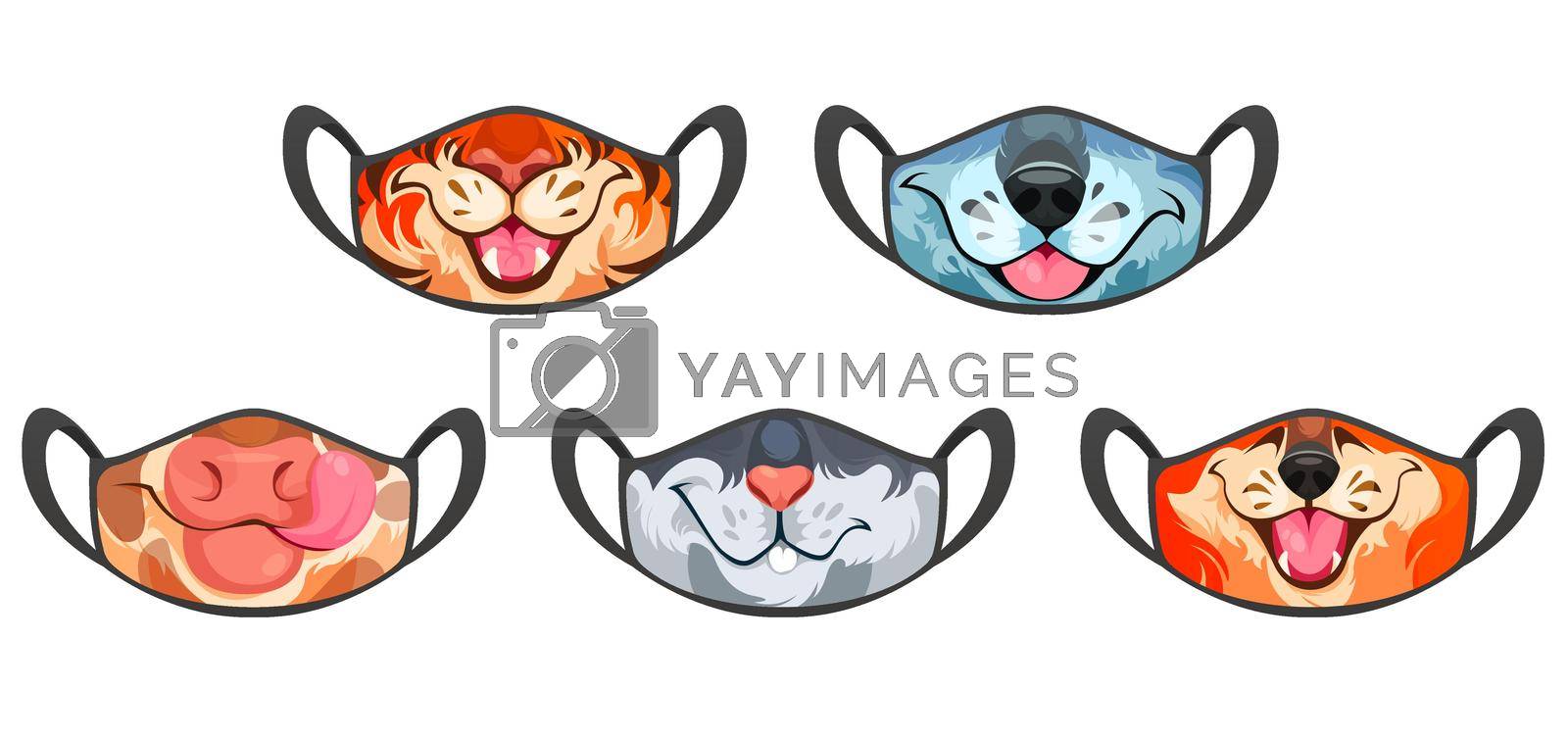 Medic masks with animal muzzles, cute cartoon cow, wolf and fox, tiger or rabbit funny faces. Protective facial equipment against coronavirus infection or allergy, creative design, Vector templates