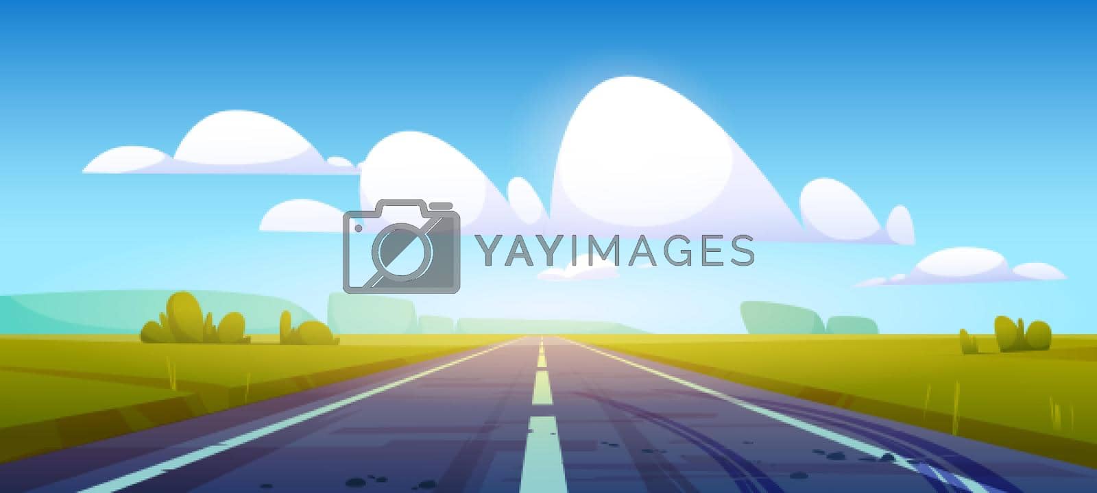 Car road in fields with green grass and forest on horizon. Vector cartoon illustration of summer countryside landscape with meadows, clouds in blue sky and highway with tire tracks on asphalt