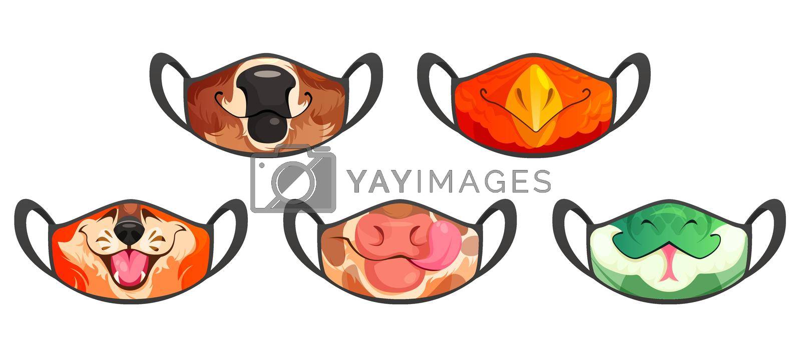Medic masks with animal muzzles, cute cartoon cow, bull and eagle or fox and snake funny faces. Protective facial equipment against coronavirus infection or allergy, creative design, Vector templates