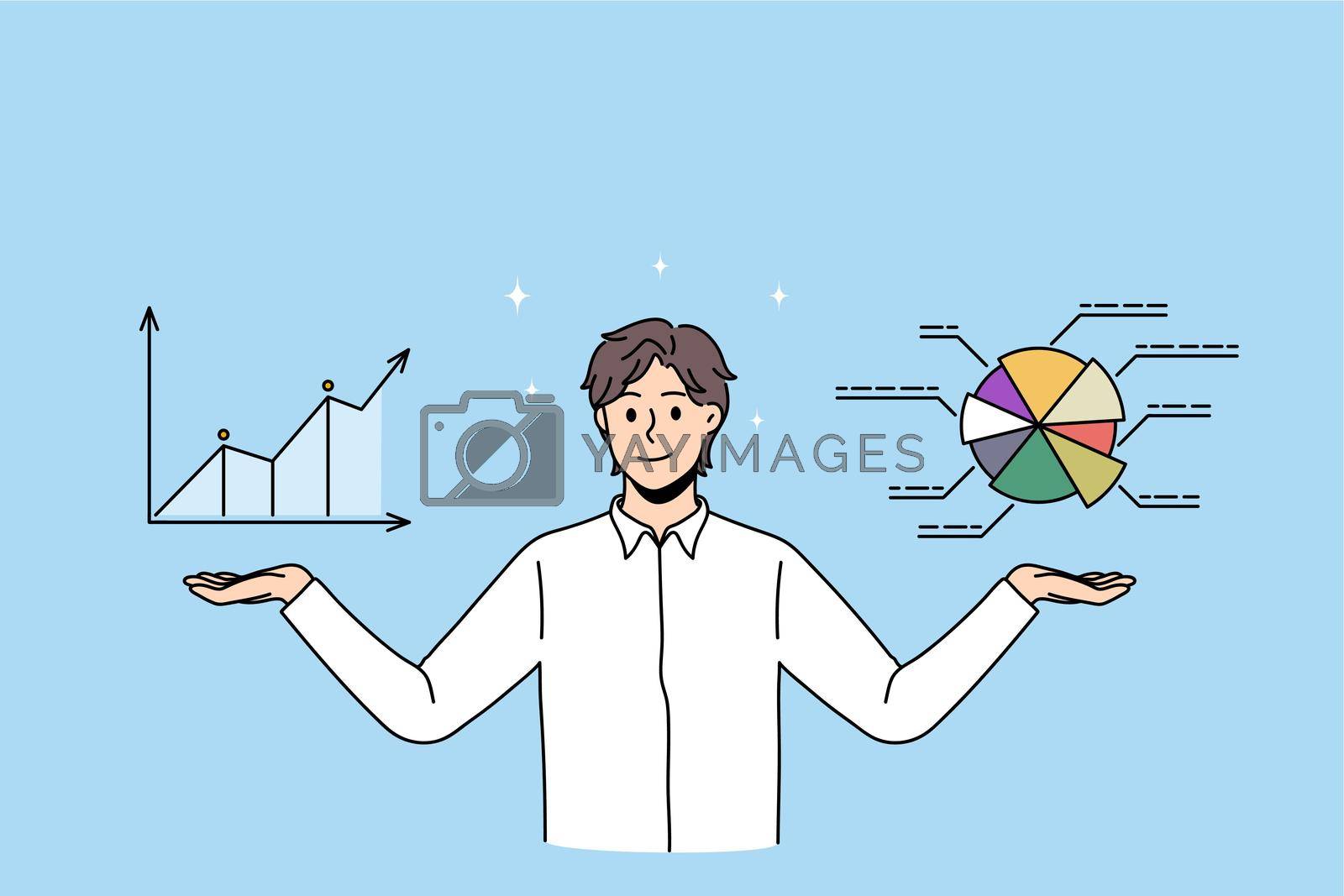 Smiling businessman consider graph and chart, make financial market analysis. Happy male employee or worker analyze finances statistics and research. Business plan concept. Vector illustration.