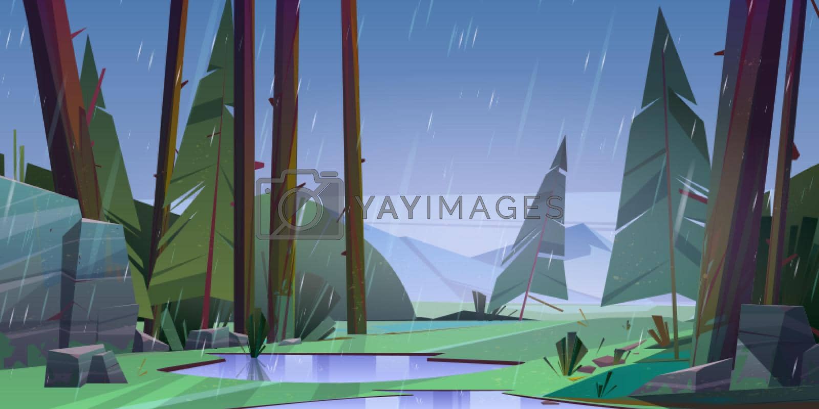 Forest at raining day scenery landscape. Tranquil nature with fir-trees, rocks and rain drops, puddles on ground, summer wood Cartoon vector illustration