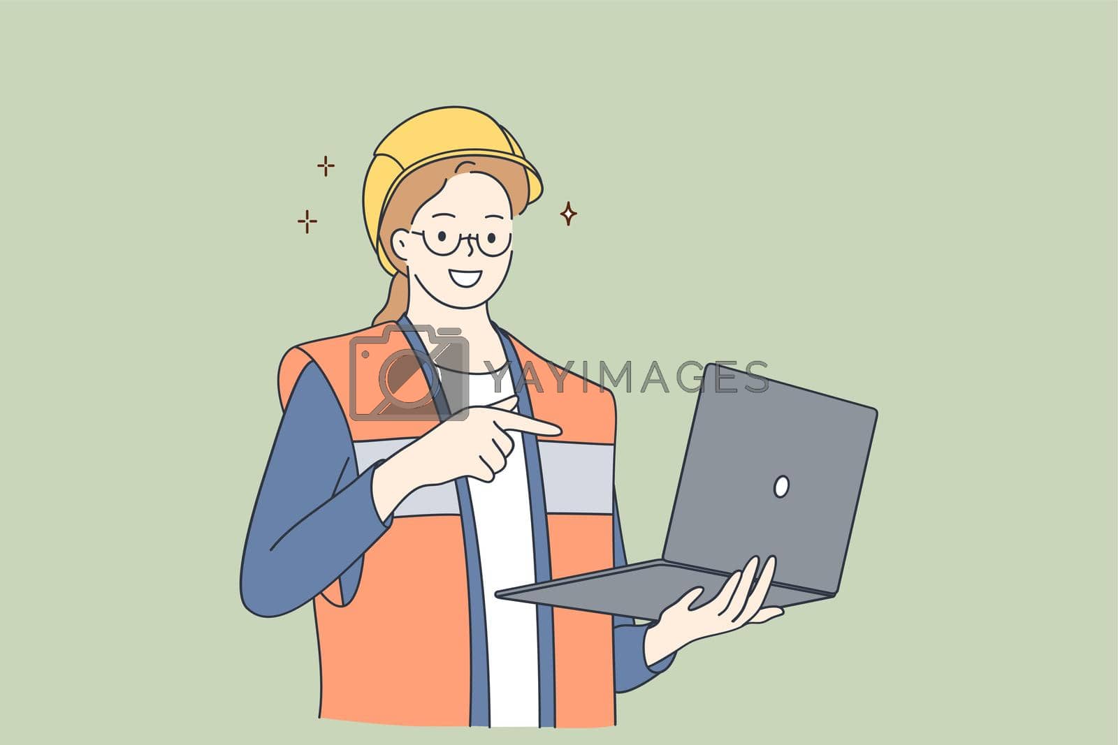 Architects using wireless technology concept. Young smiling beautiful woman cartoon character wearing protective helmet and uniform holding laptop and pointing with hand and finger