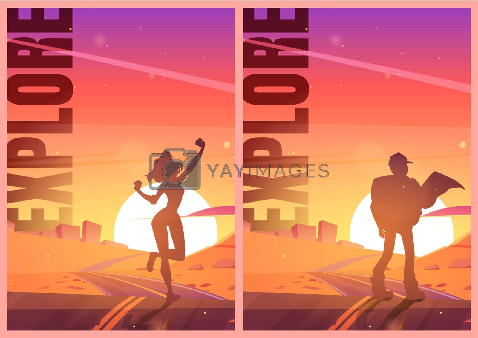 Explore posters with man hiker and girl silhouettes on road in desert. Vector flyers of travel and hiking with cartoon illustration of desert landscape with highway, rocks and tourists at sunset