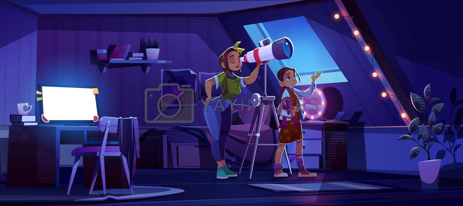 Royalty free image of Mother and daughter look in telescope from attic by vectorart