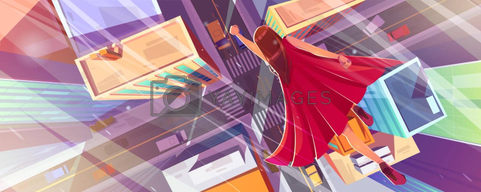 Royalty free image of Superhero woman fly above city street with houses by vectorart