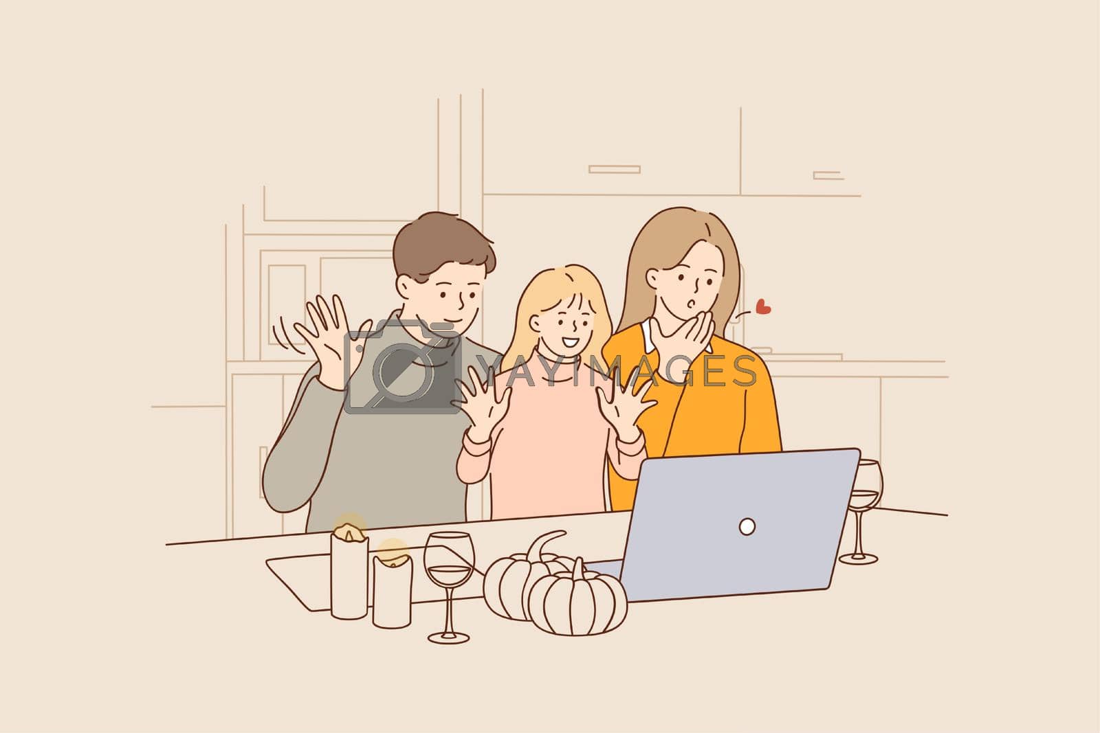 Online holiday celebration and video conference concept. Happy family cartoon characters sending kisses during making video call on laptop on Thanksgiving day or other holiday at home