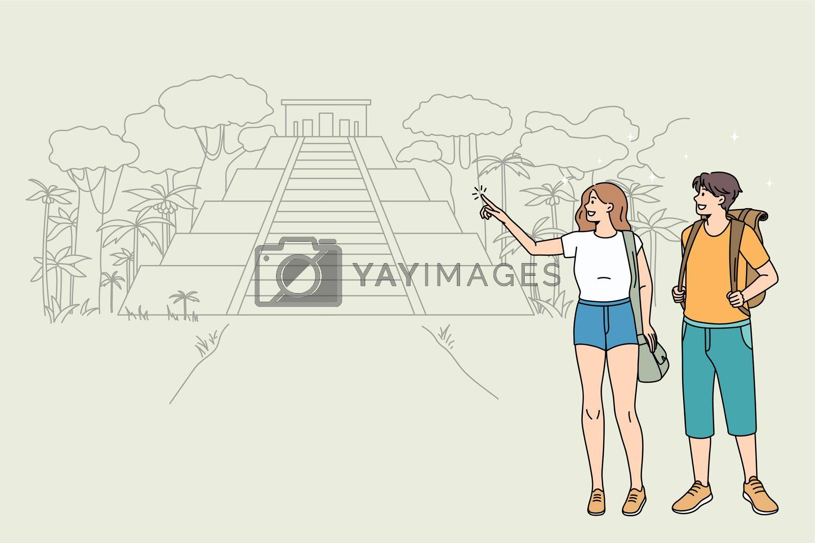 Happy couple tourists explore travel destination in tropical country. Smiling man and woman travelers discover landmarks or attractions on summer holiday or vacation. Tourism. Vector illustration.