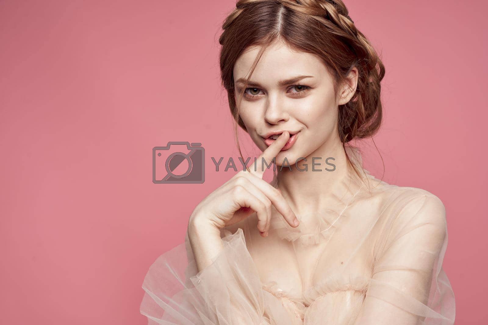 beautiful woman attractive look lifestyle romance pink background. High quality photo