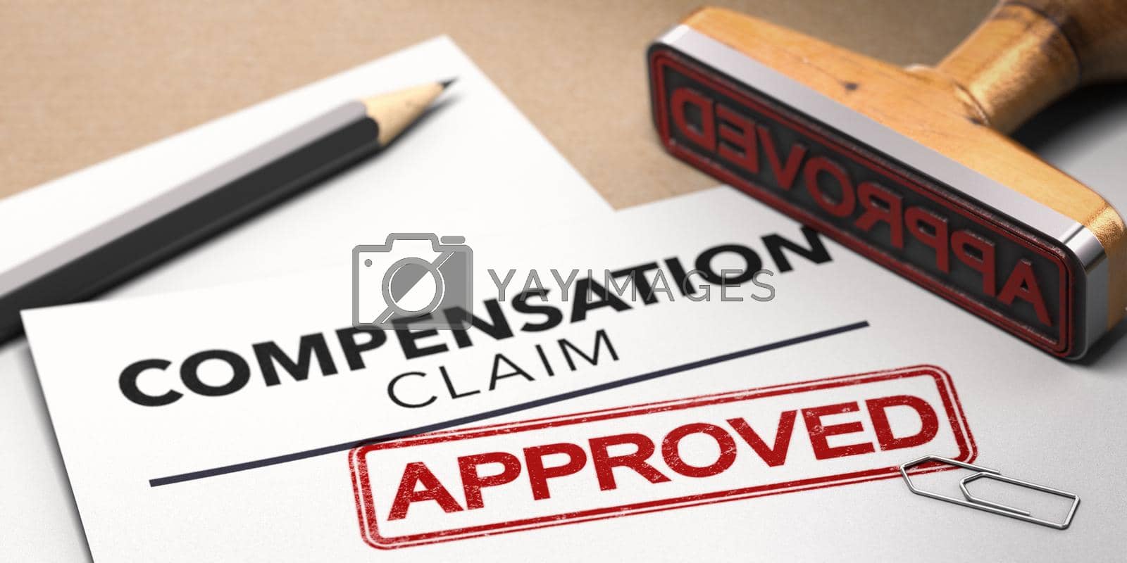 3d illustration of a worker compensation claim with a stamp approved. Disability insurance concept. 