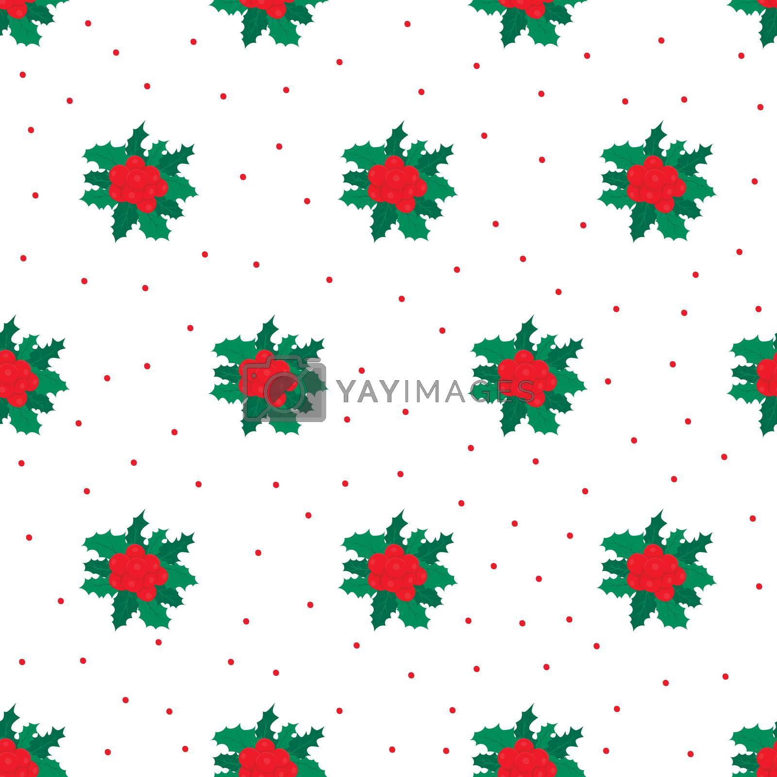 Seamless pattern with holly leaves and berries on white backgrounds