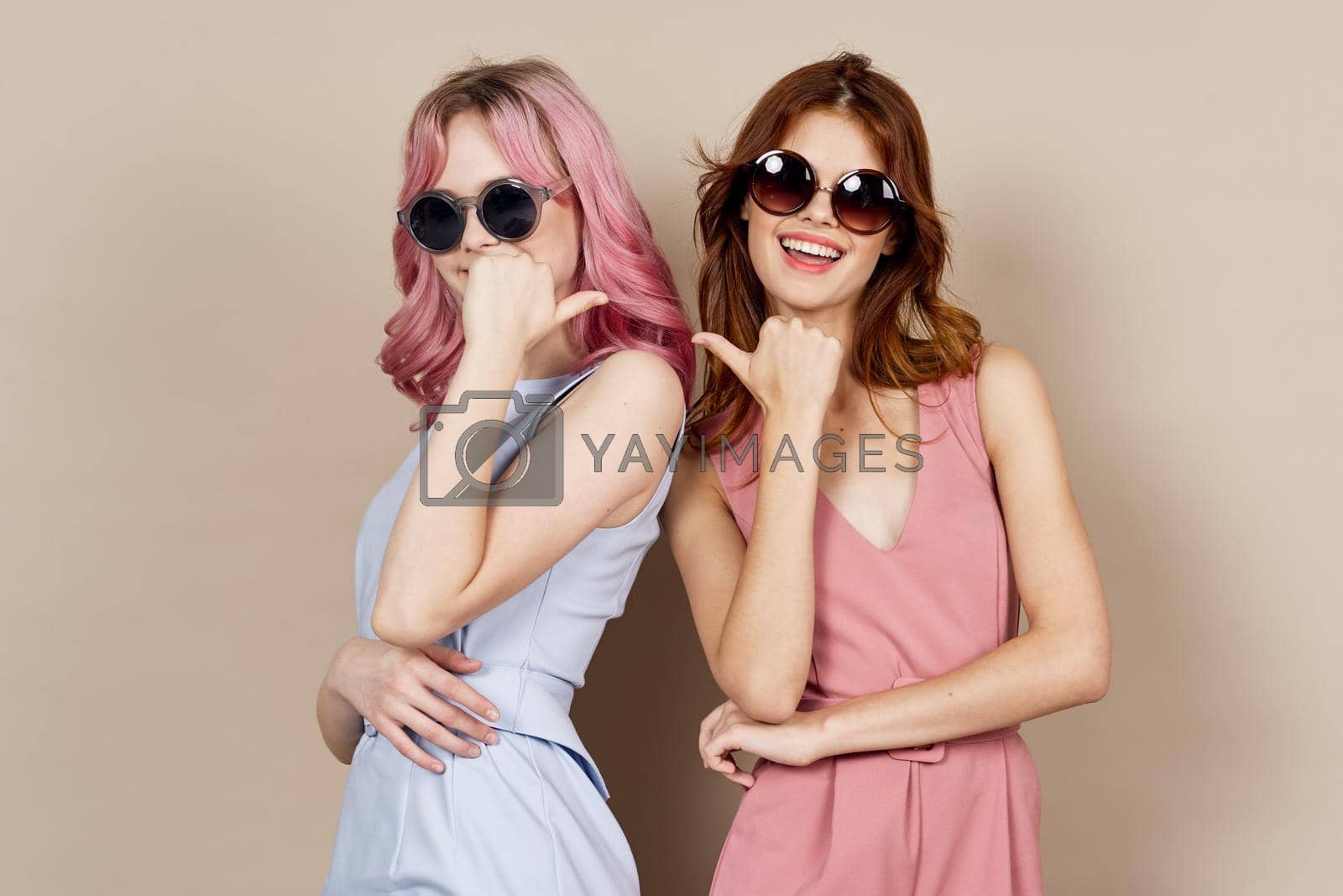 Royalty free image of two girlfriends stand side by side fashion clothing glamor posing by Vichizh
