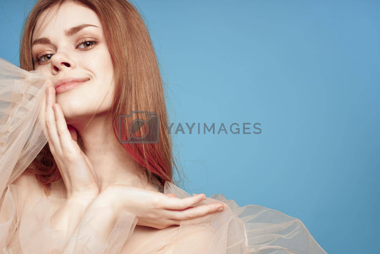 pretty woman attractive look lifestyle romance blue background. High quality photo
