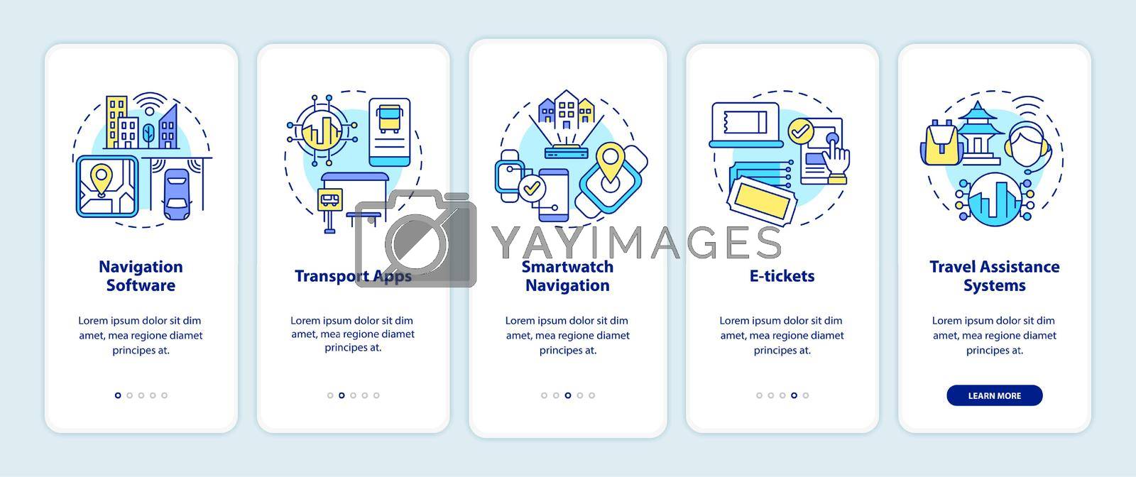 Digitalization of public transportation onboarding mobile app page screen. Service walkthrough 5 steps graphic instructions with concepts. UI, UX, GUI vector template with linear color illustrations
