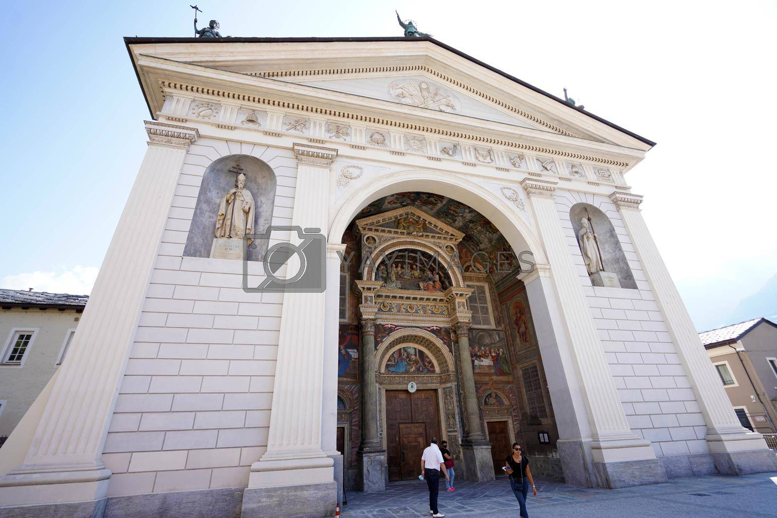 AOSTA, ITALY - AUGUST 20, 2021: Aosta Cathedral dedicated to the Assumption of the Virgin Mary and Saint John the Baptist