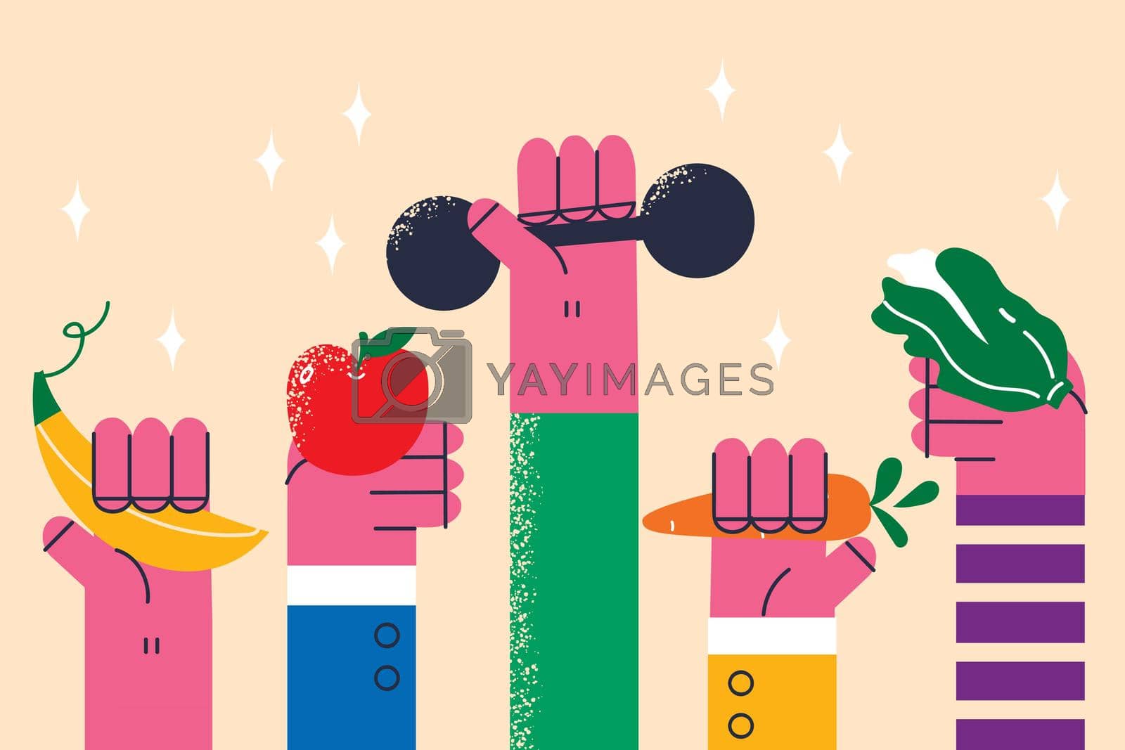 Living healthy lifestyle and eating concept. Human hands holding various fresh fruits and veggies and sport dumbbels for workout vector illustration