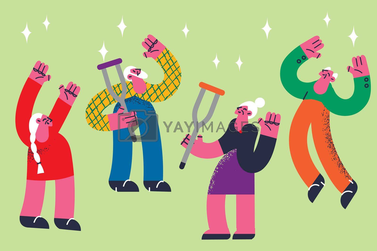 Happy active lifestyle of elderly concept. Group of mature old disabled people standing with crutches feeling happy jumping together vector illustration