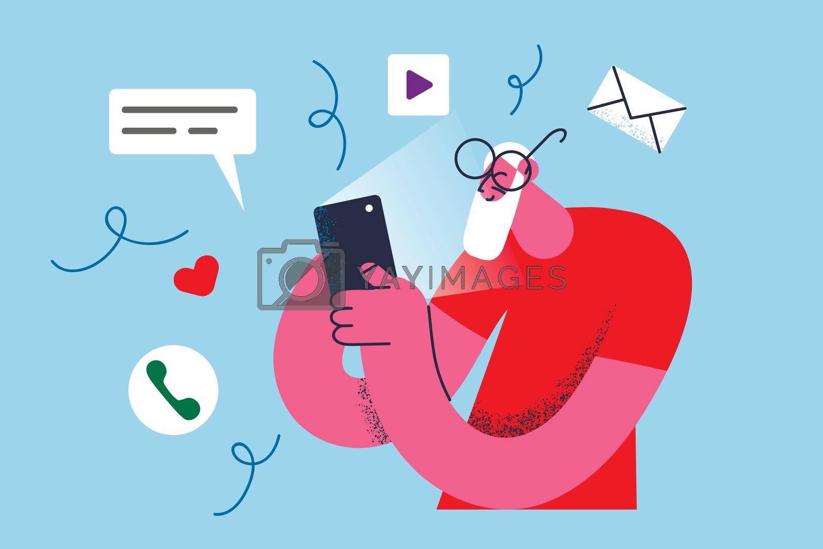 Online communication and elderly people concept. Mature positive man cartoon character standing looking at smartphone screen searching in internet vector illustration