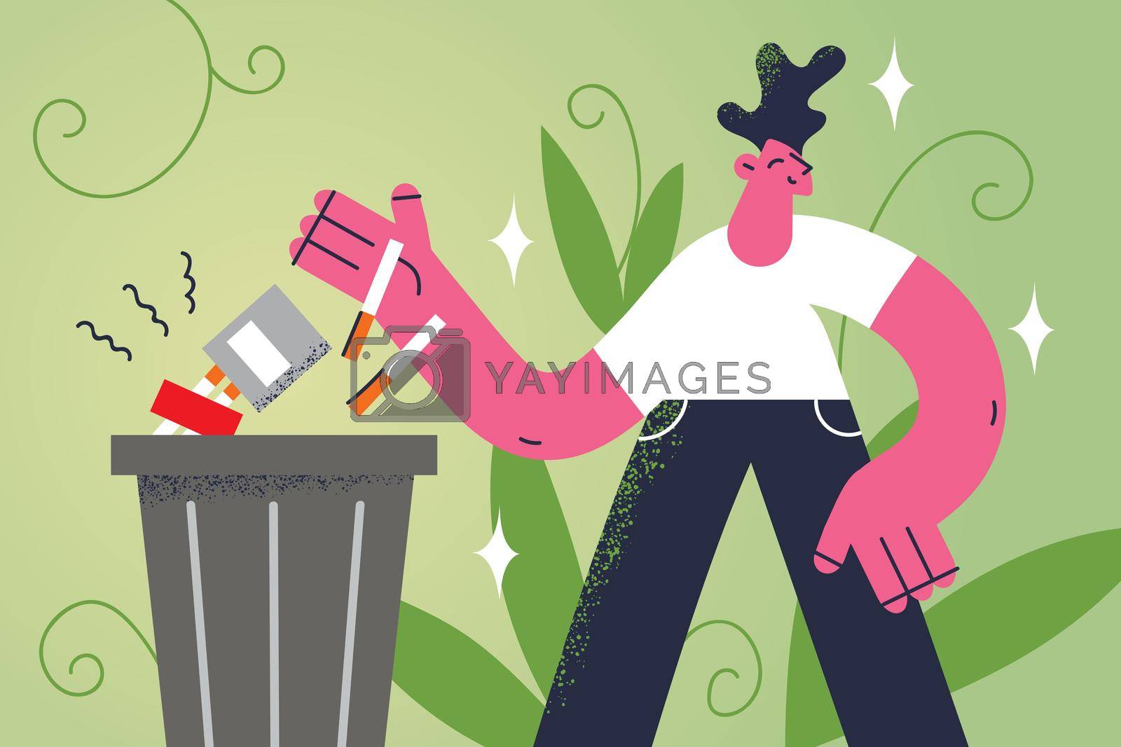 Stop smoking and healthy lifestyle concept. Young smiling man cartoon character standing and putting cigarettes and block to trash bin vector illustration
