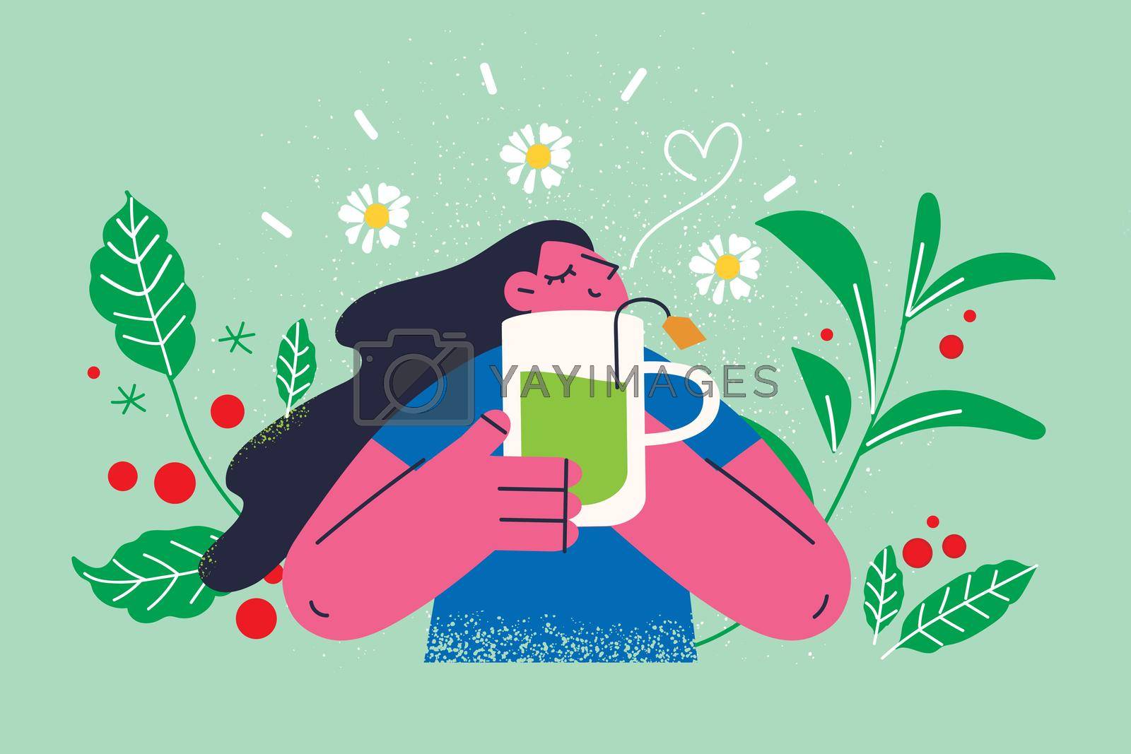 Healthy drink and lifestyle concept. Young positive woman cartoon character standing holding glass of green fresh herbal tea feeling harmony with nature vector illustration