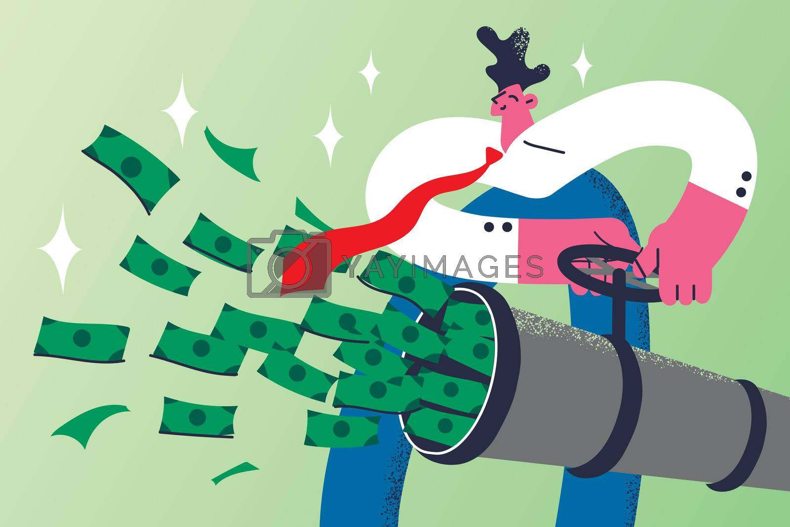 Making money, financial success concept. Young smiling businessman standing using cannon to make heaps and stacks of money cash vector illustration