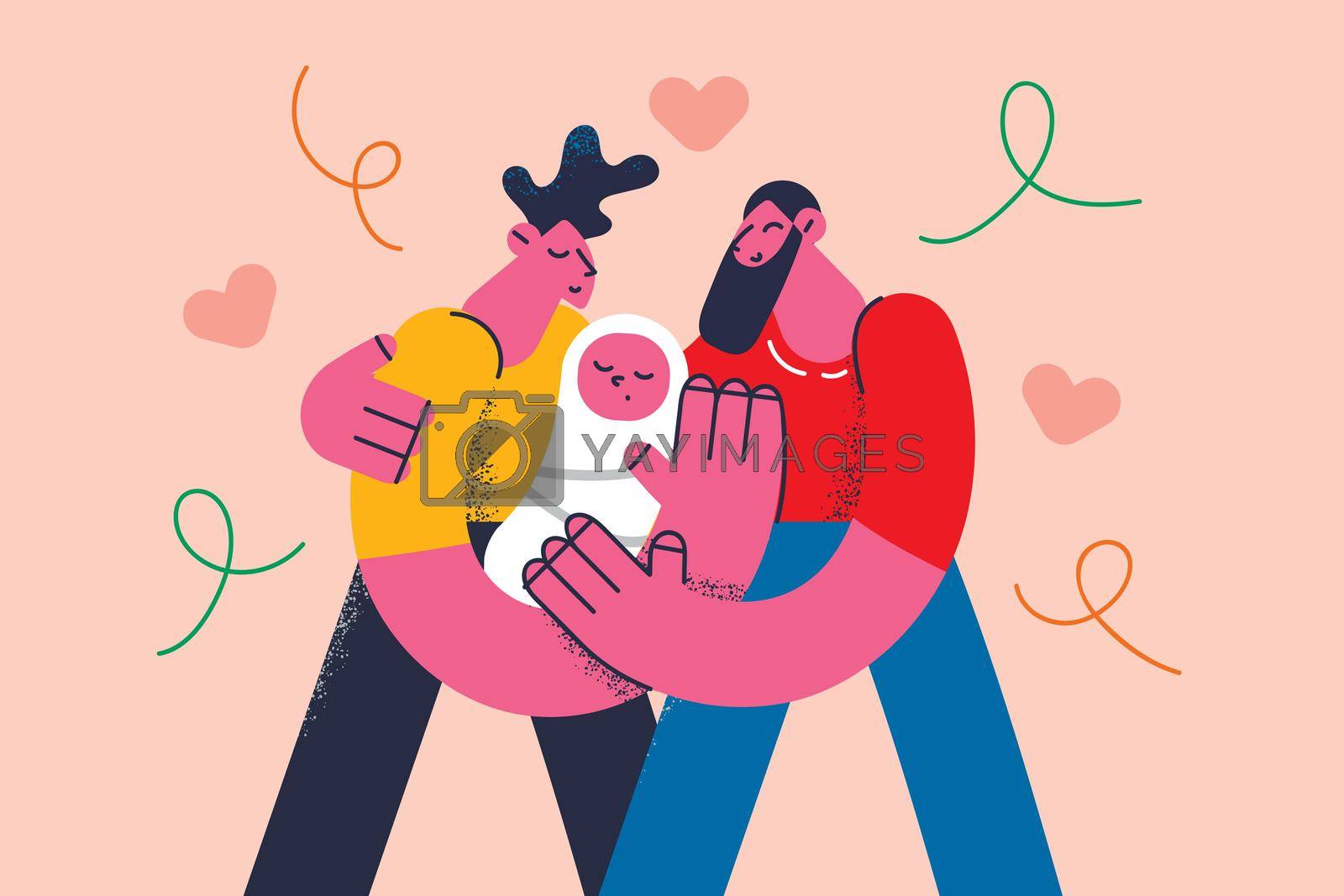 Gay couple love and family concept. Young happy men gay couple cartoon characters standing holding infant newborn baby in hands feeling excited vector illustration