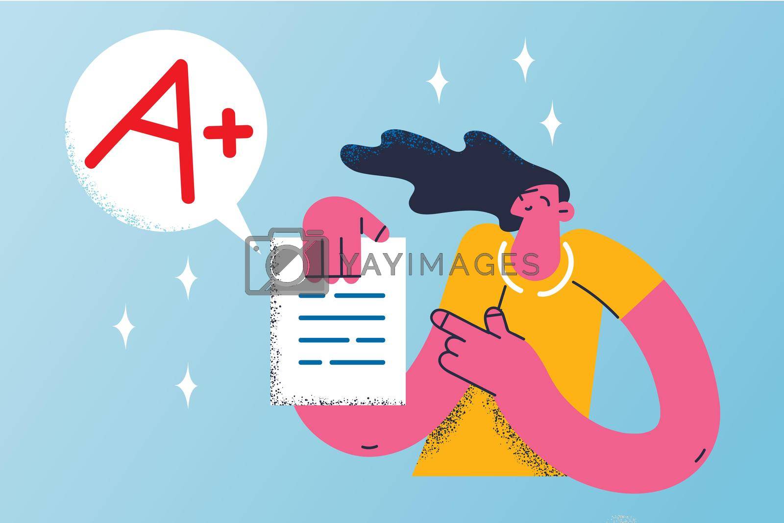 Perfect education marks success concept. Smiling happy girl cartoon character standing holding document test in school or university with perfect excellent mark vector illustration