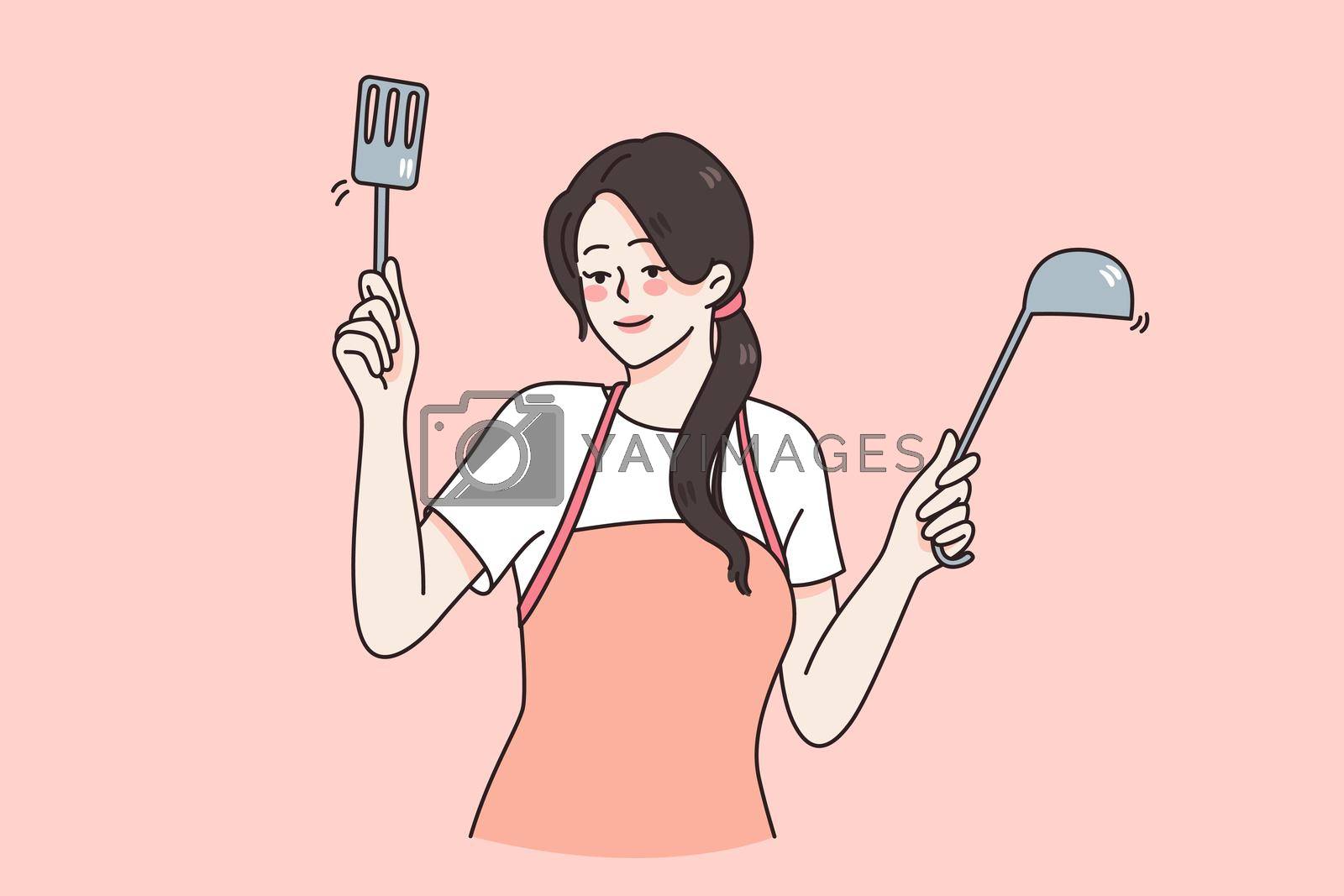 Happy young woman in apron hold domestic utensils cooking dinner or lunch at home. Smiling female cook or chef prepare tasty food or meal. Cuisine, housewife job concept. Vector illustration.
