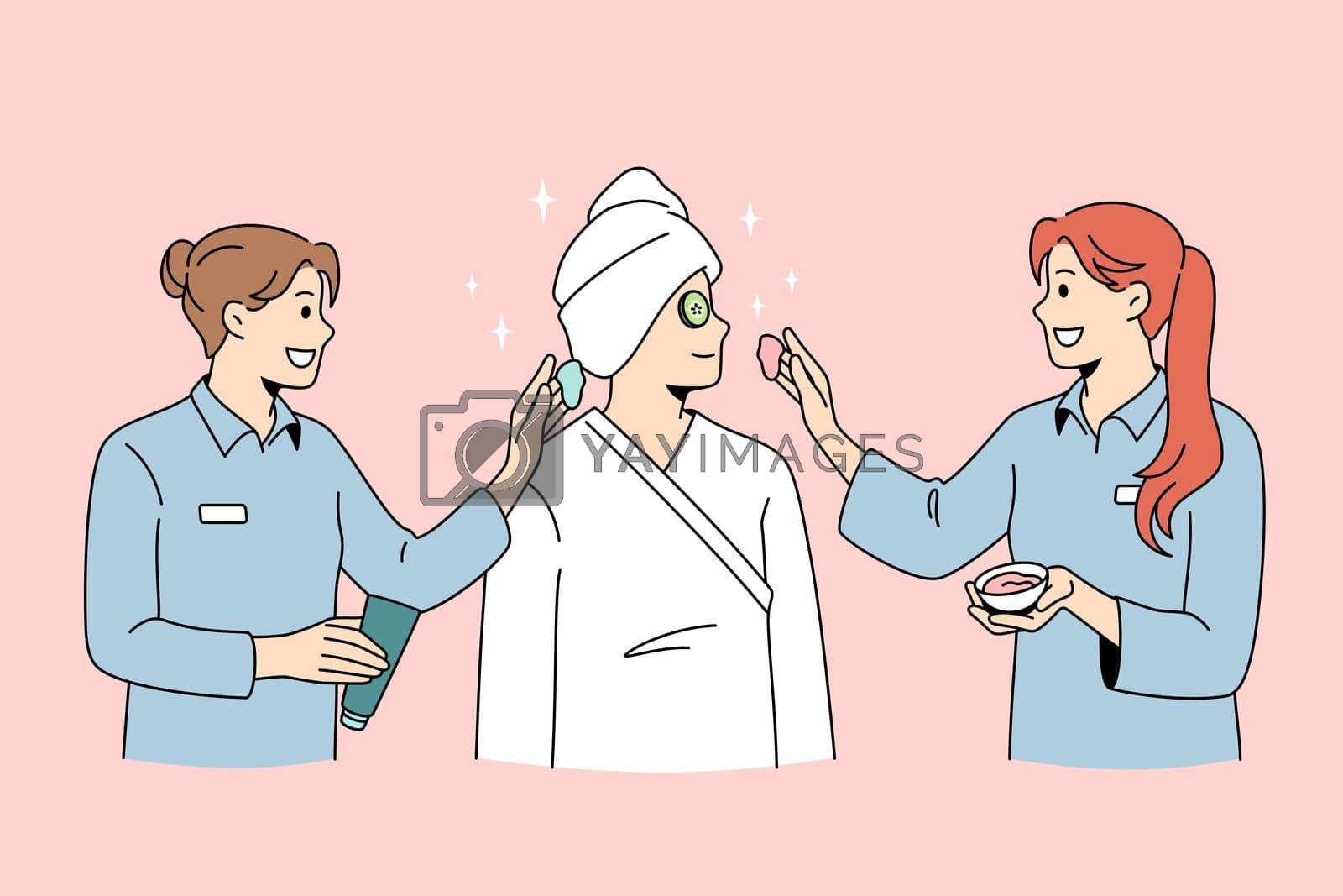 Beauty spa and cosmetology concept. Smiling women dermatologists wellness workers standing taking care of female client skin making beauty treatments vector illustration