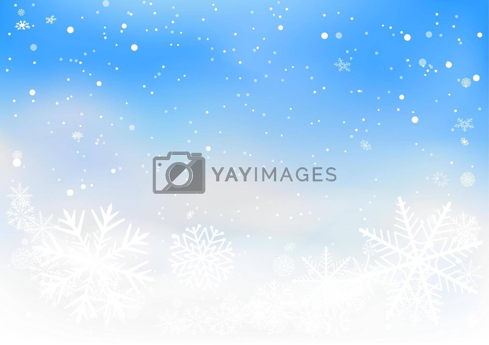 Christmas clouds sky and snowfall winter background. Holiday cartoon background snow falling. Seasonal decoration template