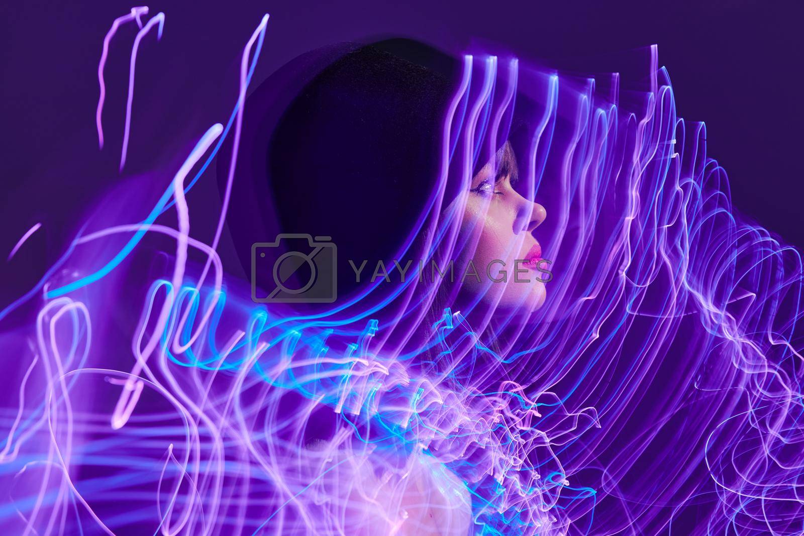 Beauty Fashion woman disco neon lines fashion color background unaltered. High quality photo
