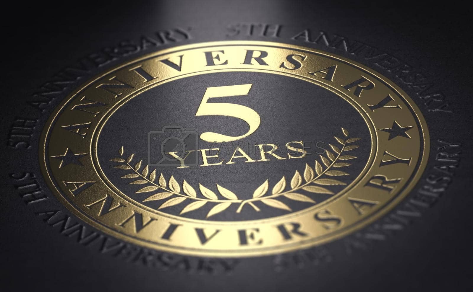 5th anniversary celebration announcement. Golden marking over black background with the text 5 years. 3D illustration.