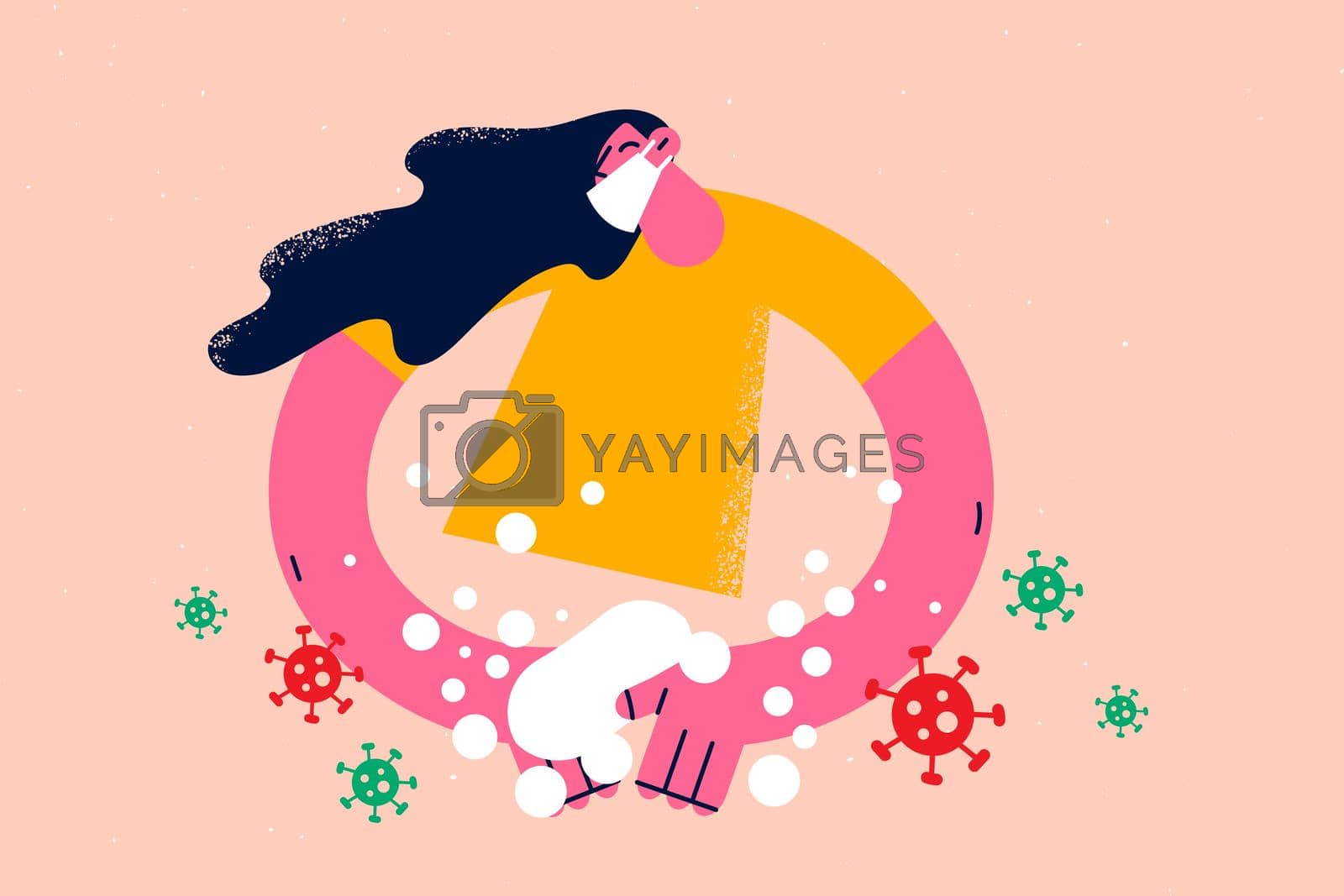 Protection from bacteria during covid-19 concept. Young woman in protective mask standing washing hands with soap during coronavirus pandemic vector illustration