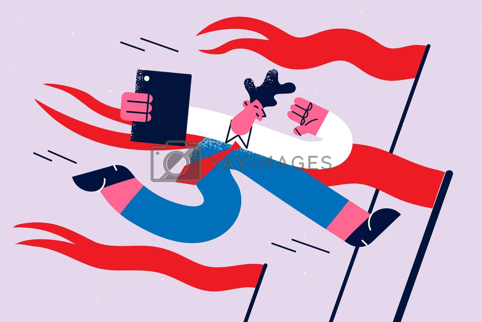 Deadlines, success and business opportunities concept. Young businessman with laptop running at finish line with red flags feeling happy vector illustration