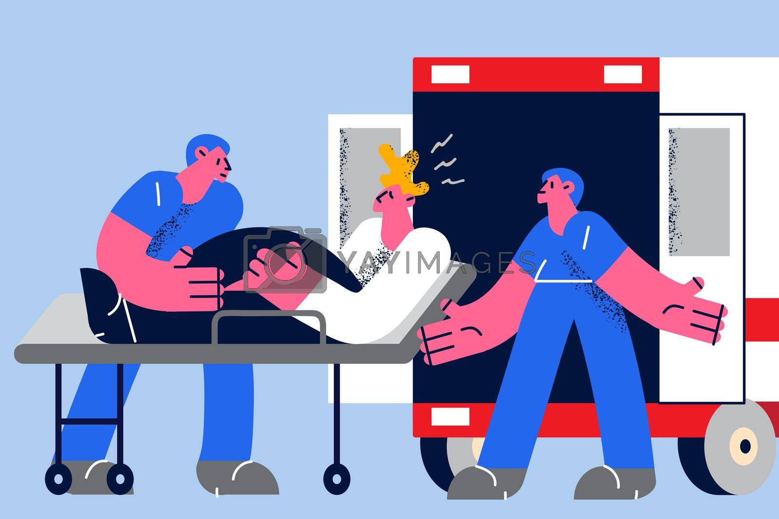 Emergency medicine and healthcare concept. Young doctors in blue uniforms putting injured man patient into emergency car cabin taking to hospital clinic vector illustration