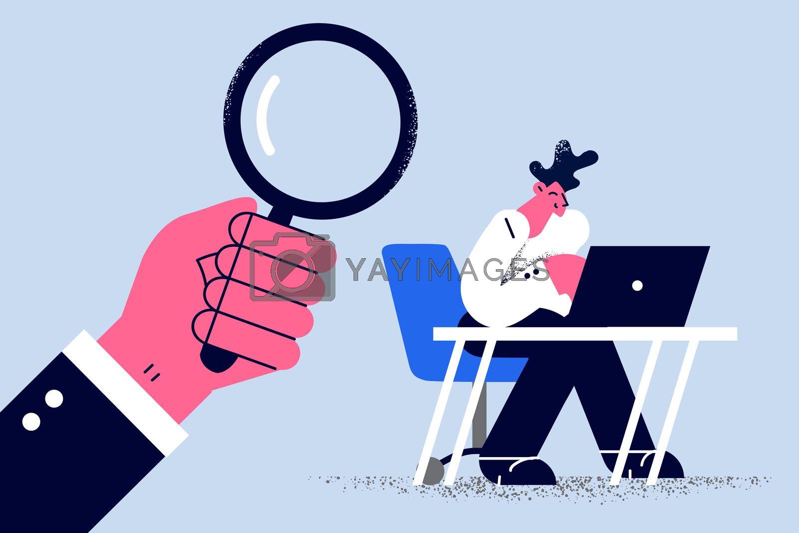 Controlling workers and head hunting concept. Hand of director boss holding magnifier controlling work of young man employee vector illustration