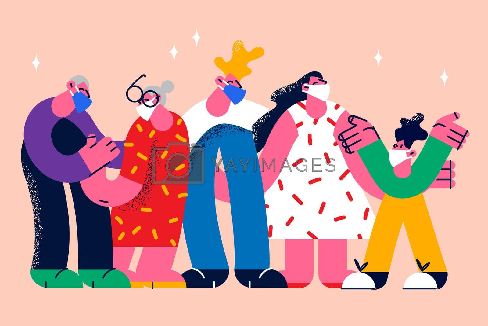 People Wearing protective medical masks covid-19 concept. Group of young and old people standing wearing protective medical masks during coronavirus epidemic times vector illustration