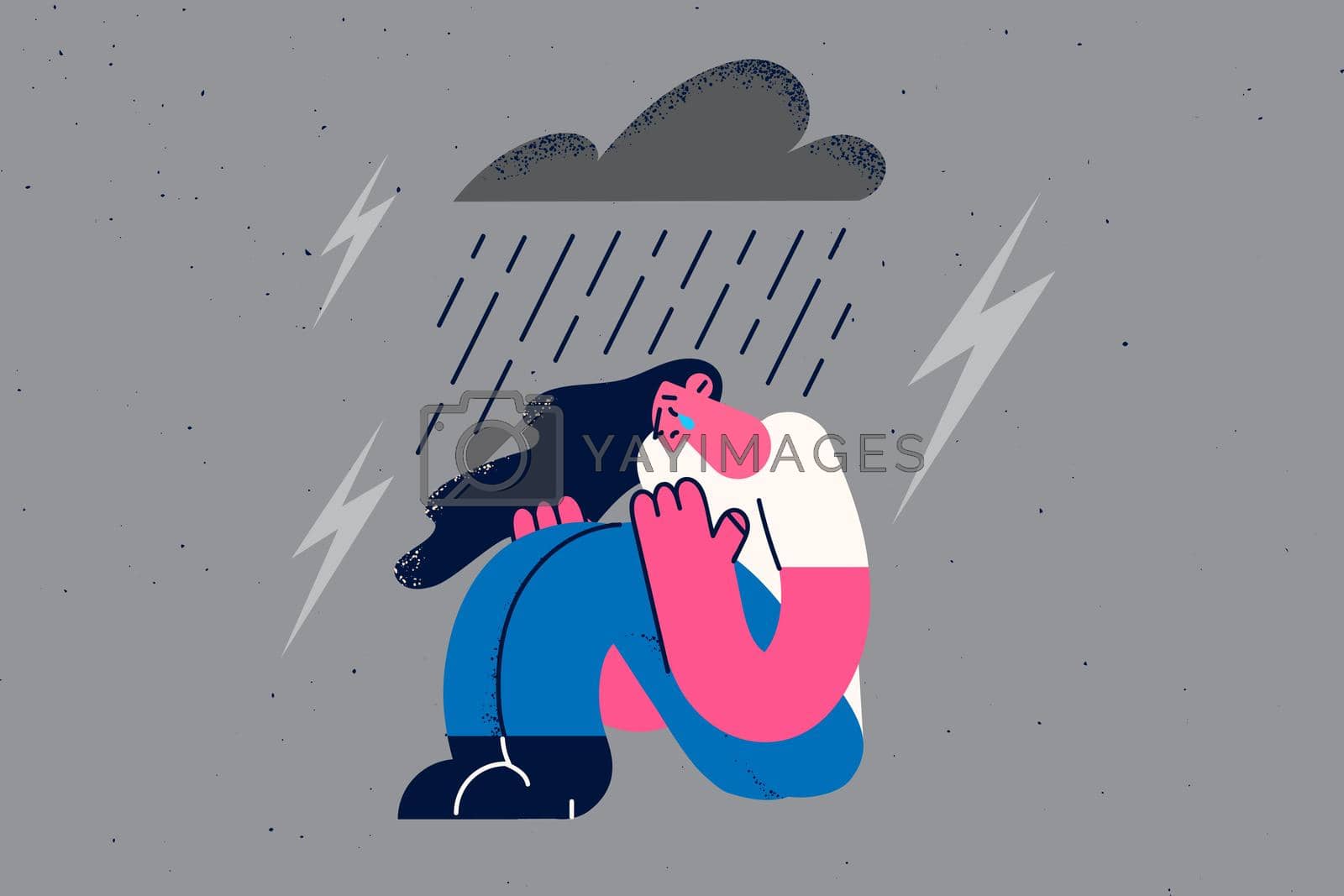 Depression, grief and loneliness concept. Young sad depressed woman sitting on ground crying with rain and storm with thunder above vector illustration